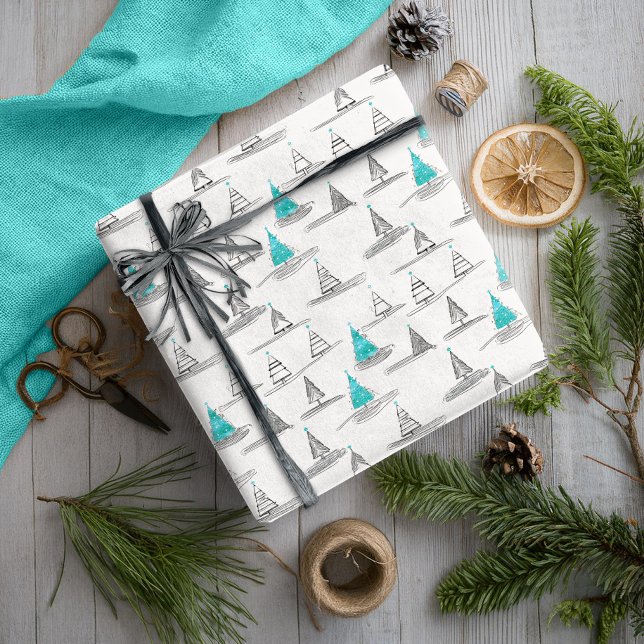 Papel De Presente Teal Christmas Tree Pattern#5 ID1009 (Criador carregado)