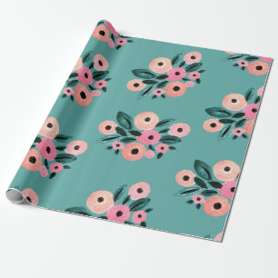Papel De Presente Teal de Aquarela e Floral Rosa