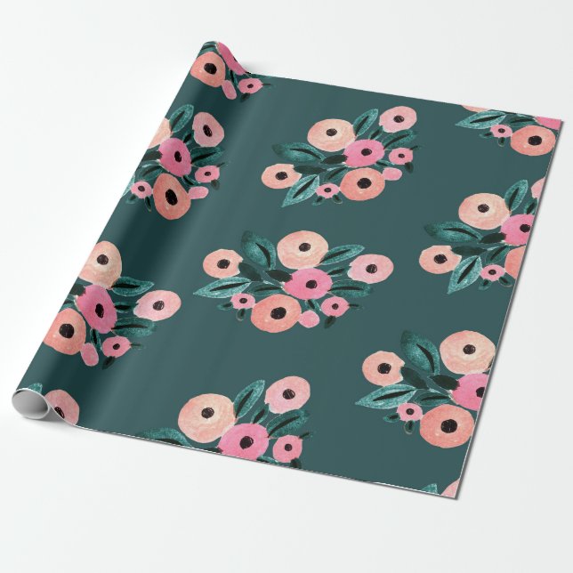 Papel De Presente Teal de Aquarela e Floral Rosa (Desenrolado)