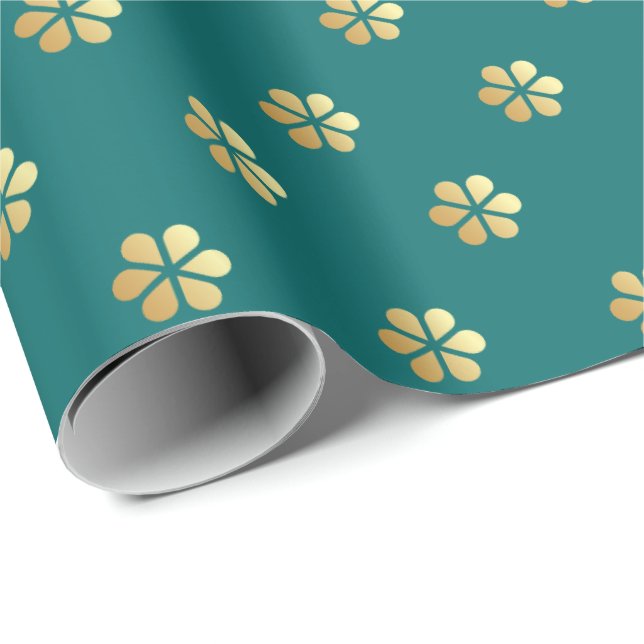 Papel De Presente Teal de Natal Festivo e Dourada Margarida (Ponta do rolo)