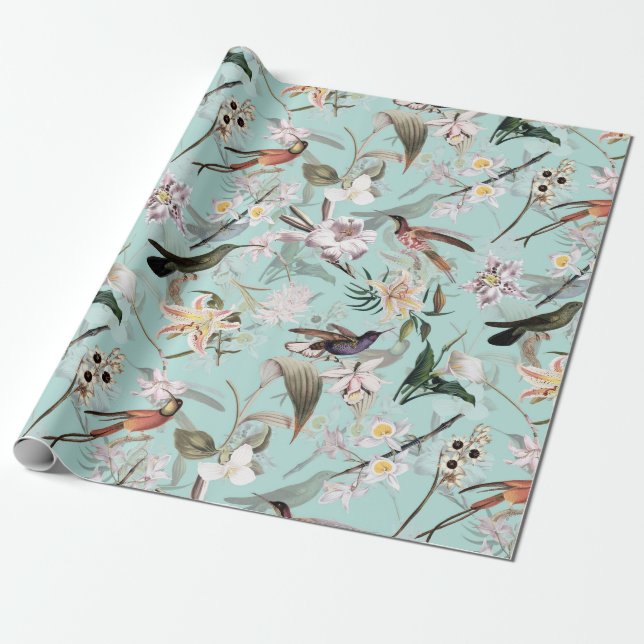 Papel De Presente Teal de Padrão Selvagem de Hummingbird Tropical (Desenrolado)