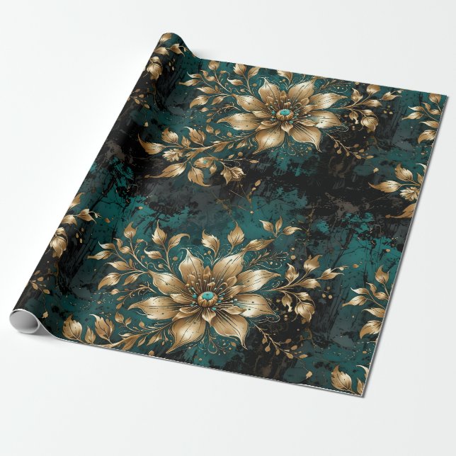 Papel De Presente Teal & Dourado Grunge Florals (Desenrolado)