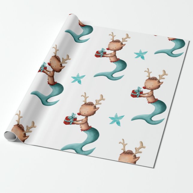 Papel De Presente Teal e Red Smermaid Reindeer Natal (Desenrolado)