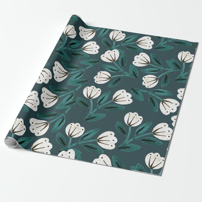 Papel De Presente Teal e White Floral (Desenrolado)