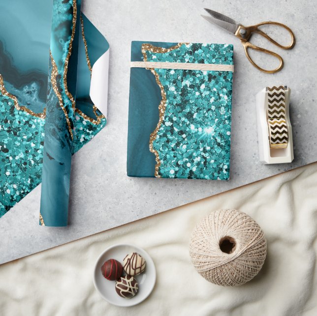 Papel De Presente Teal Elegante e Geodo de Agato do Oceano Glitter D (Artesanato)