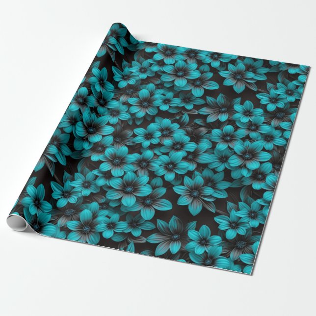 Papel De Presente Teal Floral Wrapping Paper on Black (Desenrolado)