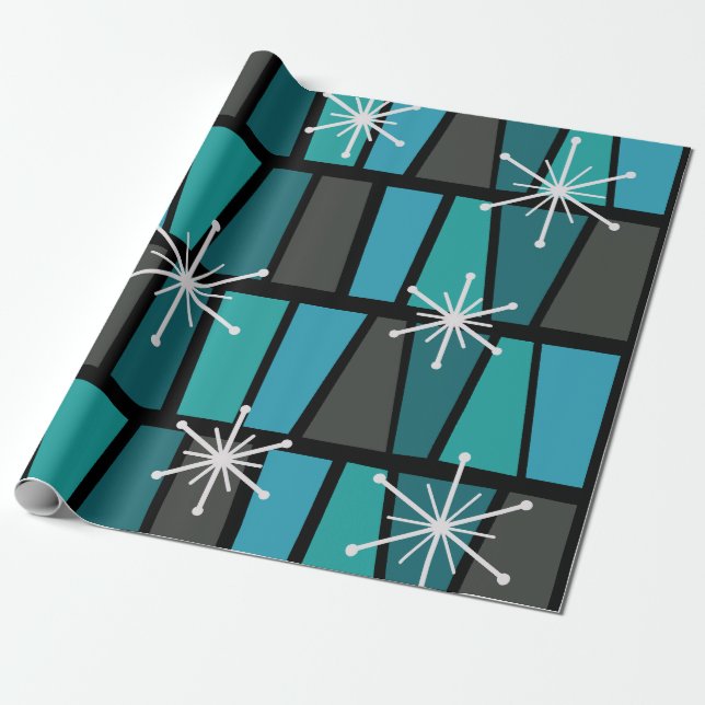 Papel De Presente Teal Geométrico de Abstrato Turquoise MCM (Desenrolado)