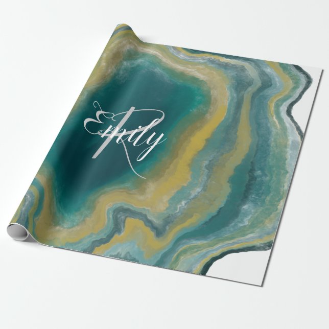 Papel De Presente Teal Green Agate Marble Abstrato Name Monograma (Desenrolado)