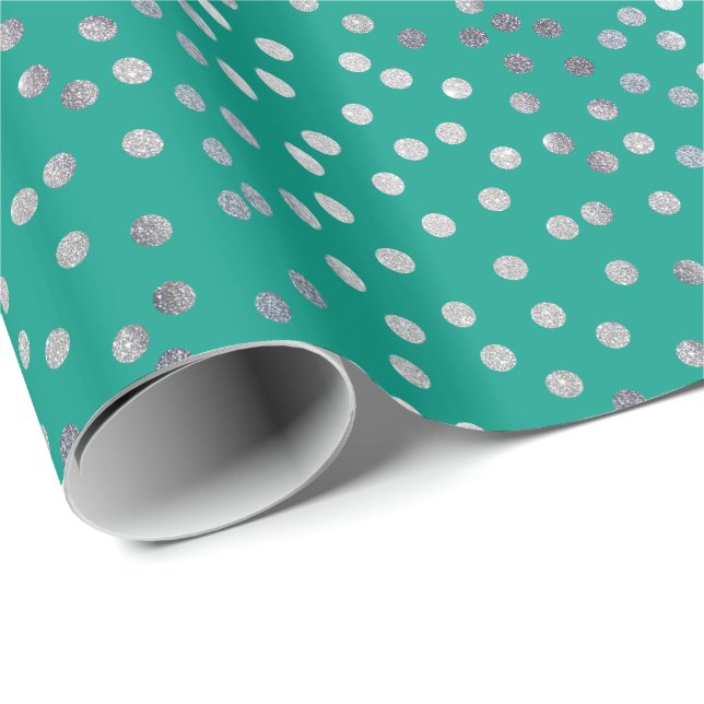 Papel De Presente Teal Green e Silver Glitter Pontos de Cidade (Ponta do rolo)