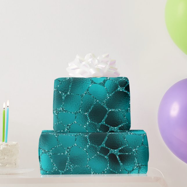 Papel De Presente Teal Ombre Glam Glitter Girafa Patterno (Presentes para festas)