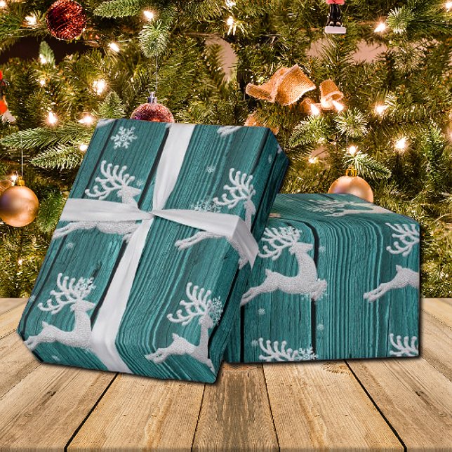 Papel De Presente Teal Rustic Christmas Reindeer Wrappaper (Teal Rustic Christmas Reindeer Wrapping Paper)