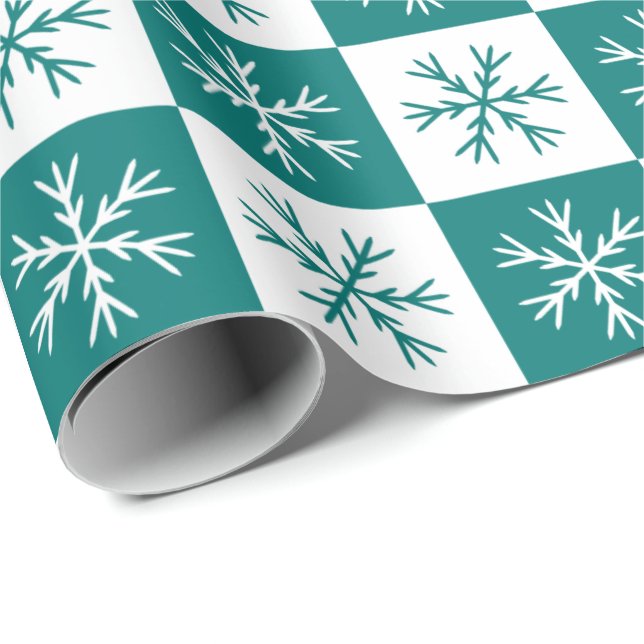 Papel De Presente Teal Snowflake - Feriado de Natal com Padrão Verif (Ponta do rolo)