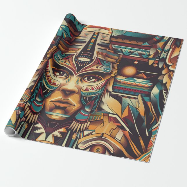 Papel De Presente Teal Tribal "Mesoamerican Motif" Matte Wrapping Pa (Desenrolado)