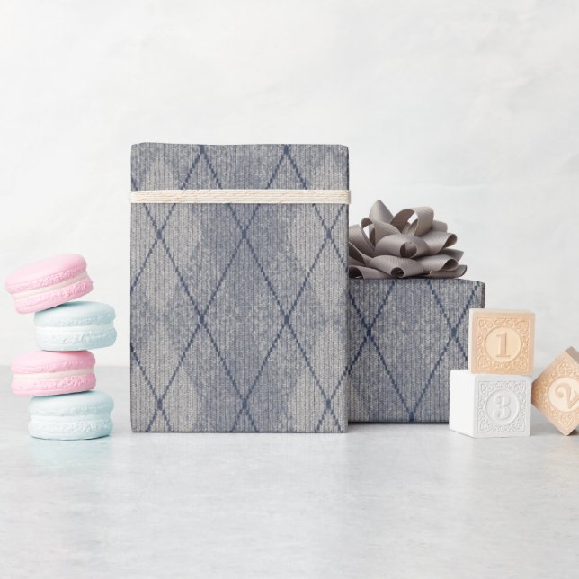 Papel De Presente Tecido Argyle Olhar Textura Faux Cinza Azul (Chá de bebê)