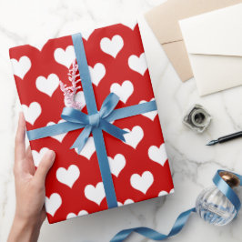 Papel De Presente Tecido de Estampa de Coração Vermelho e Branco