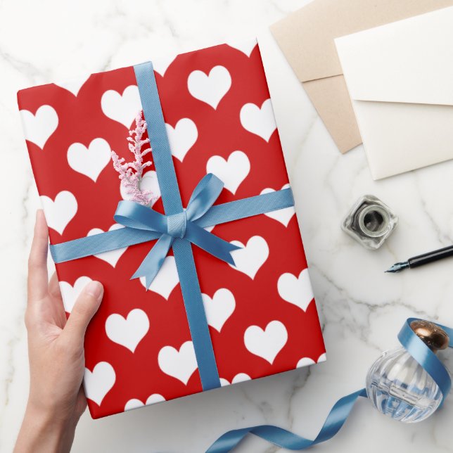 Papel De Presente Tecido de Estampa de Coração Vermelho e Branco  (Presentear)