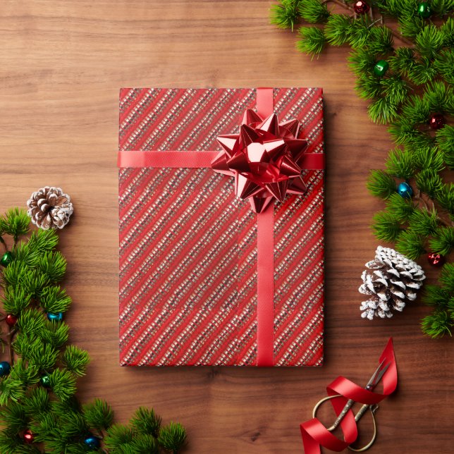 Papel De Presente Tecido de Listra Diagonal Fina Vermelha e Dourada  (Presente de Natal)