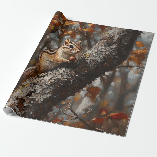 Papel De Presente Técnica de Decoupage de Esquilo em uma Árvore (Desenrolado)