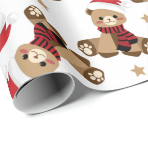 Papel De Presente Teddy Bear com Natal Hat Patteray