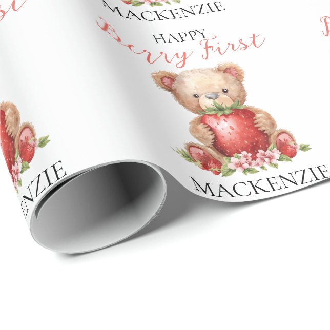 Papel De Presente Teddy Bear Custom Name Berry First Birthday (Ponta do rolo)