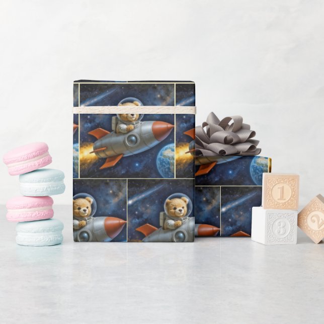 Papel De Presente Teddy Bear Flying In a Rocket Ship (Chá de bebê)