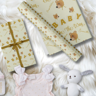 Papel De Presente Teddy Bear With Gold Cream Text Baby Shower