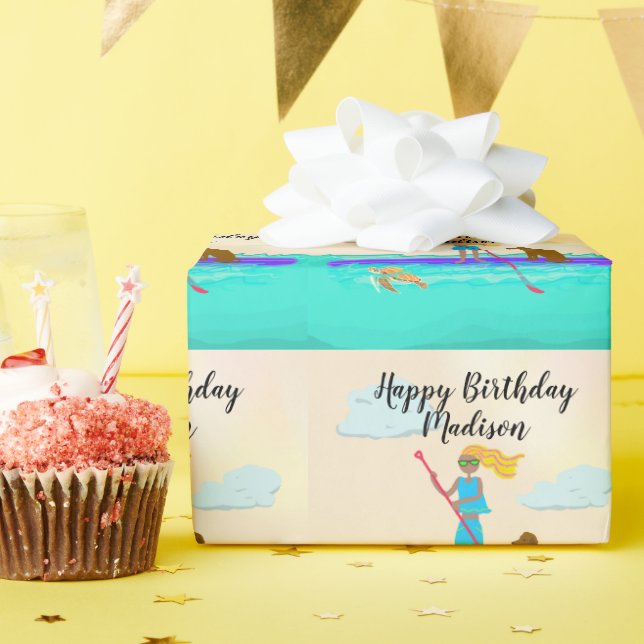 Papel De Presente Teen Girl Paddleboard Happy Birthday Personalizada (Festa de aniversário)