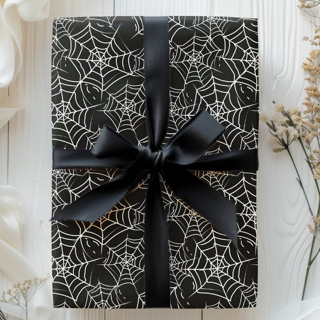 Papel De Presente Teia de Aranha Preta e Branca de Halloween (Criador carregado)