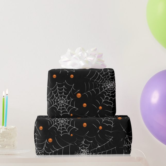 Papel De Presente Teias de Aranha e Pontos Modernos Preto Halloween (Presentes para festas)