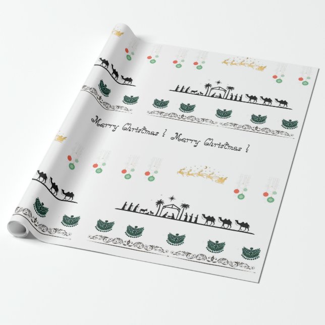 Papel De Presente Tema da natividade, vermelho, ouro, barroco verde (Desenrolado)