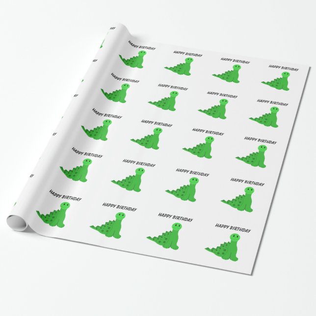Papel De Presente Tema de Aniversário de Dinossauros Verdes (Desenrolado)