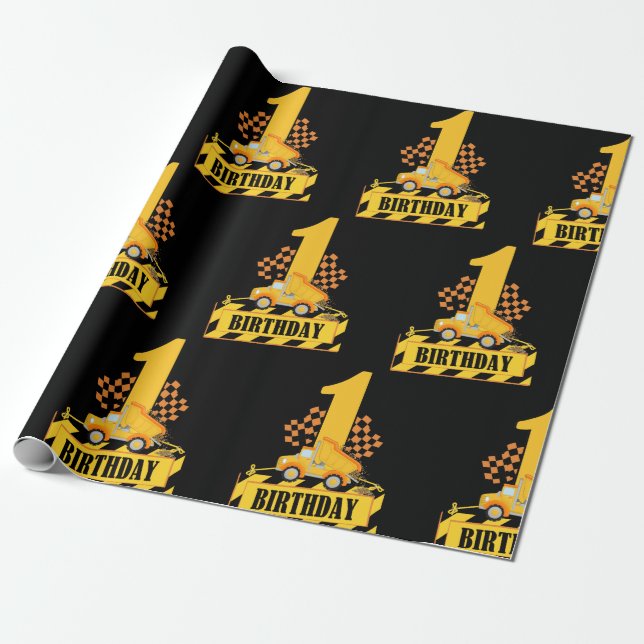 Papel De Presente Tema de Construção do primeiro aniversario Boy (Desenrolado)