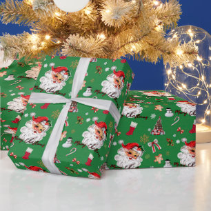 Papel De Presente Tema de Natal Verde para Papais noeis Vintage