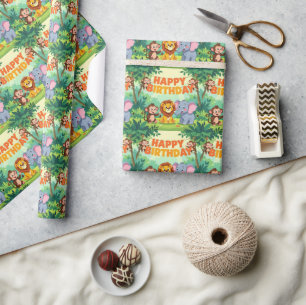 Papel De Presente Tema de safari de aniversário fofo e feliz