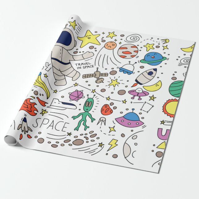 Papel De Presente Tema espacial na ilustração do estilo de rabisco (Desenrolado)