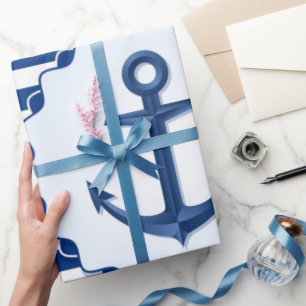 Papel De Presente Tema Marinho Blue e White Strike com Âncora