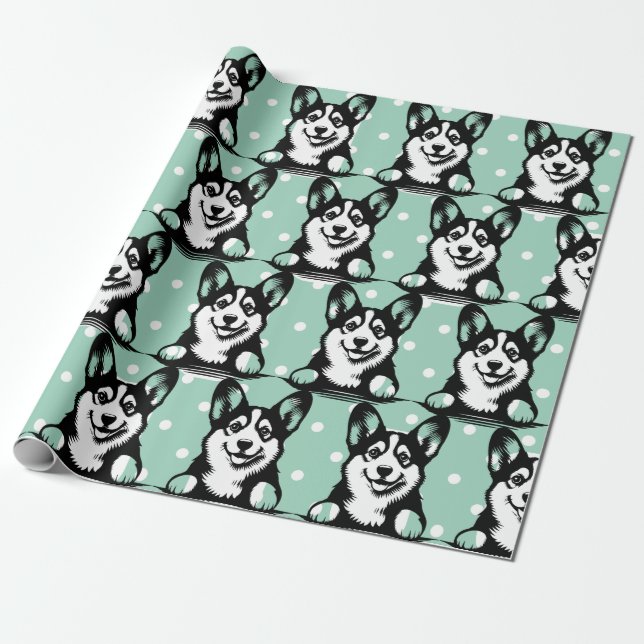 Papel De Presente Tema Personalizado Verde de Peeking Corgi (Desenrolado)