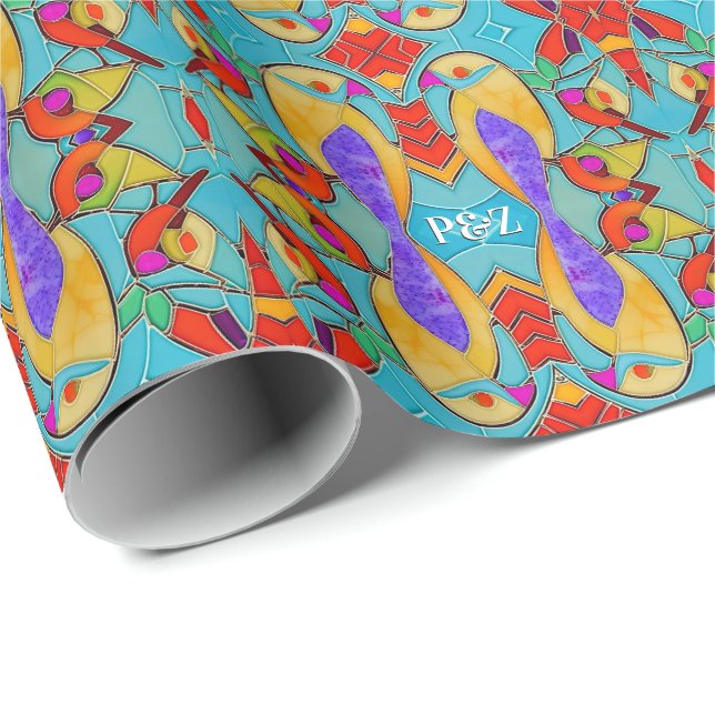 Papel De Presente Tema Pintado do Pássaro do Amor Azulejos Mosaicos  (Ponta do rolo)