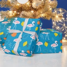 Papel De Presente Tema tropical Frutas Flamingo em fundo azul