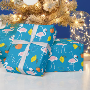 Papel De Presente Tema tropical Frutas Flamingo em fundo azul