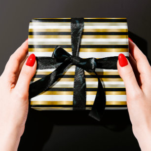 Papel De Presente Tendência Moderna Dourada Tiras Negras Prateadas
