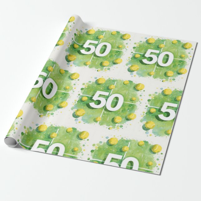 Papel De Presente Tênis 50º Aniversário com bolas na quadra (Desenrolado)