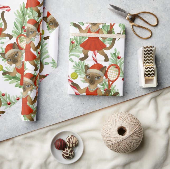 Papel De Presente Tennis Christmas themed fir Siamese cat Lovers (Artesanato)