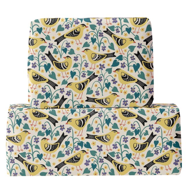 Papel De Presente Tentilhão e Flor de Violeta de Madeira (Goldfinch bird and violets botanical Arts and Crafts inspired gift wrapping paper roll)