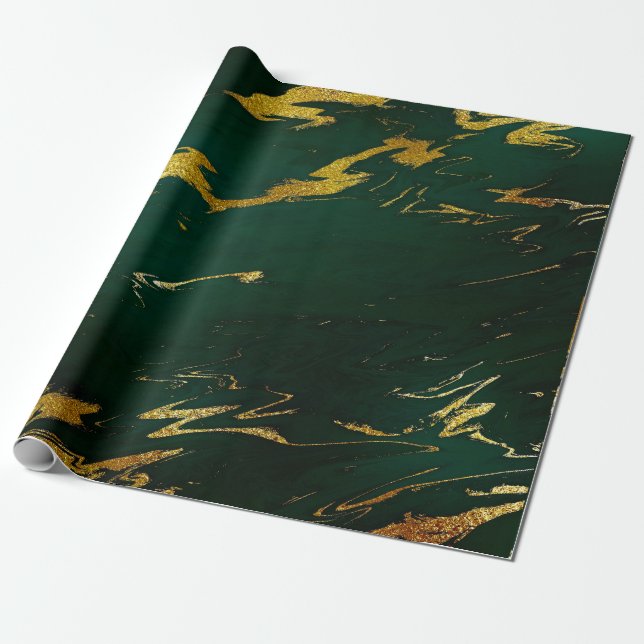 Papel De Presente Terra Profunda Floresta Verde Marble Dourada (Desenrolado)