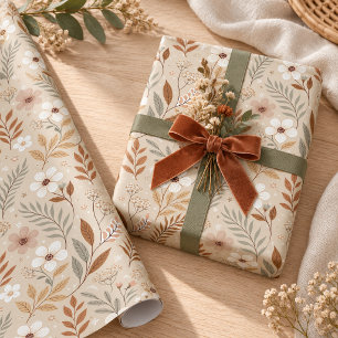 Papel De Presente Terracota de Flores Silvestres Suaves Neutras de S