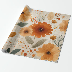 Papel De Presente Terracota Laranja Floral Botânico Vintage