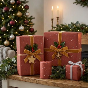 Papel De Presente Terracotta Bege Estrela Prateada Noite Minimalista