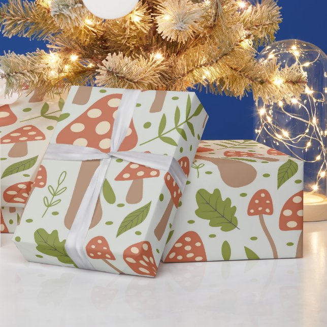 Papel De Presente Terracotta Cogumelos com Folhas Verdes (Feriados)