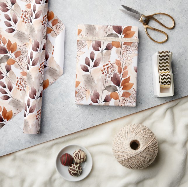 Papel De Presente Terracotta e Folhas de Quedas de Borgonha | Boho A (Artesanato)
